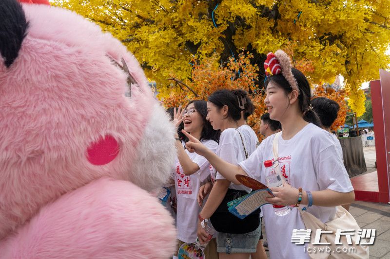 毕业生们与景区人偶打闹，释放情绪。