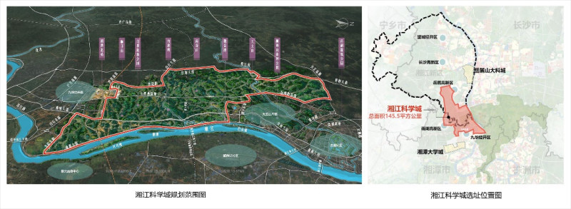 湘江科学城规划范围图和地址位置图。（摘自2035湖南湘江新区国土空间规划（含湘江科学城规划）公示稿）