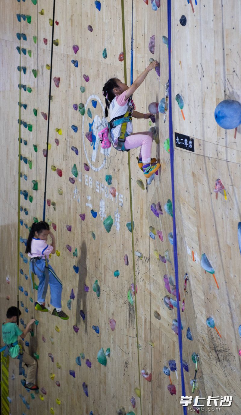 在九二攀岩贺龙馆，学生们正在参加暑假免费培训。
