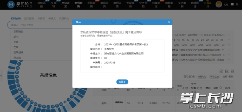 使用者登录摩知轮平台，通过输入关键词“茶颜悦色”查找，就会弹出“有潜在驳回风险，请谨慎查询评估”的提示。受访者 供图