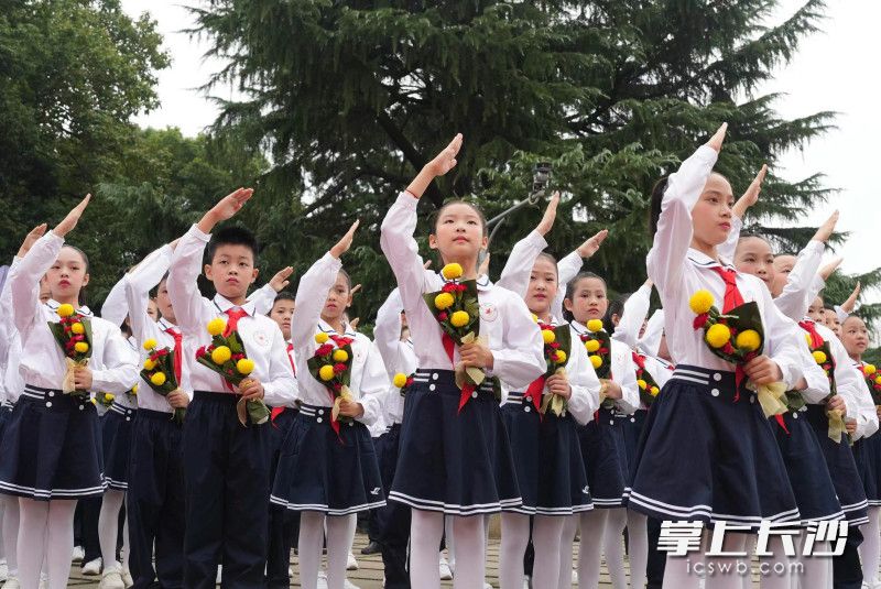 少先队员行少先队队礼。