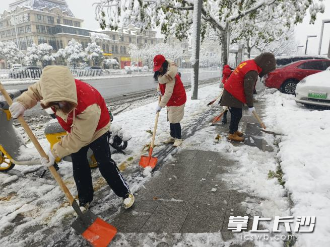 湖南湘江新区的青年雷锋志愿者对辖区主次干道、坡道弯道等重点地段进行积雪清扫、除冰作业，并及时搬离清运因积雪断裂的树枝干等。 均为共青团长沙市委供图