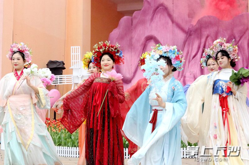 今日下午，一场极具东方韵味的国风簪花秀在长沙世界之窗浪漫上演，喜迎“三八”妇女节。  均为长沙晚报全媒体记者贺文兵摄