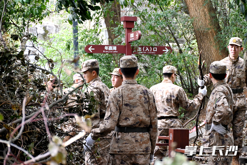 军校学员在湖南烈士公园清理倒树断枝。 均为长沙晚报全媒体记者贺文兵、通讯员刘慧摄 军校学员在湖南烈士公园清理倒树断枝。 均为长沙晚报全媒体记者贺文兵、通讯员刘慧摄