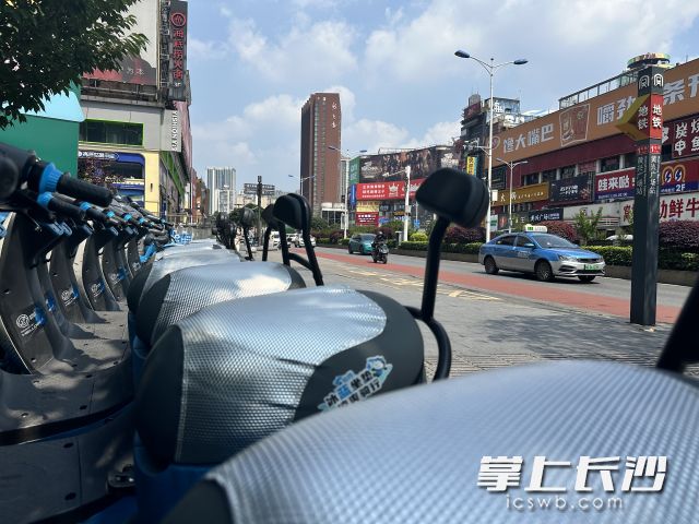 在长沙人民西路黄兴路口附近，一排哈啰电单车车座上都安装了清凉座垫。 长沙晚报通讯员 向怡供图