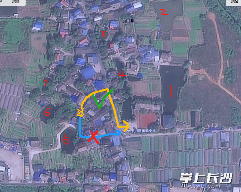 黄鹤小学学生用高清卫星图标注好家和学校附近水塘，合理规划避开水域的安全上学、放学路线。均为学校供图