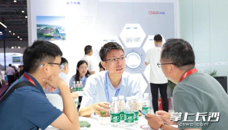 第十七届（2024）国际太阳能光伏与智慧能源（上海）大会上，中伟员工接待客户。受访者供图