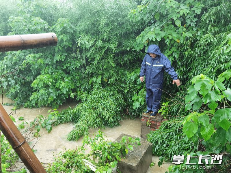 工作人员冒雨对各类排水设施进行安全巡检。