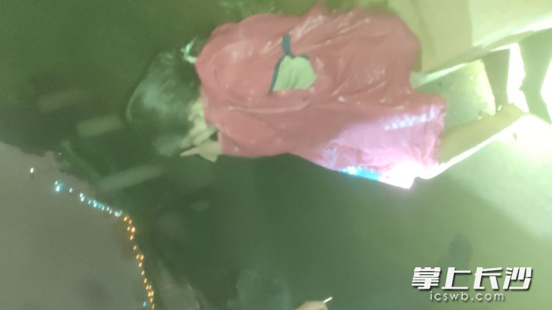 落水女子死死抱住一根木头，漂浮在浏阳河中。  受访者供图