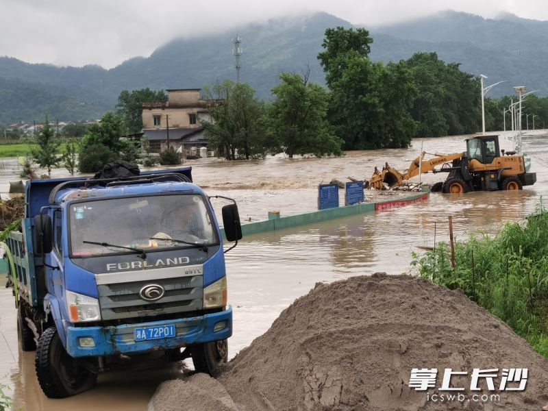 黄色挖掘机在清除河面漂来的垃圾。通讯员 毛斌 摄