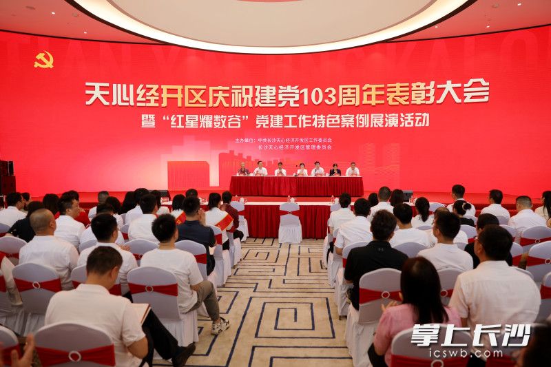 天心经开区举行庆祝建党103周年表彰大会暨“红星耀数谷”党建工作特色案例展演活动。