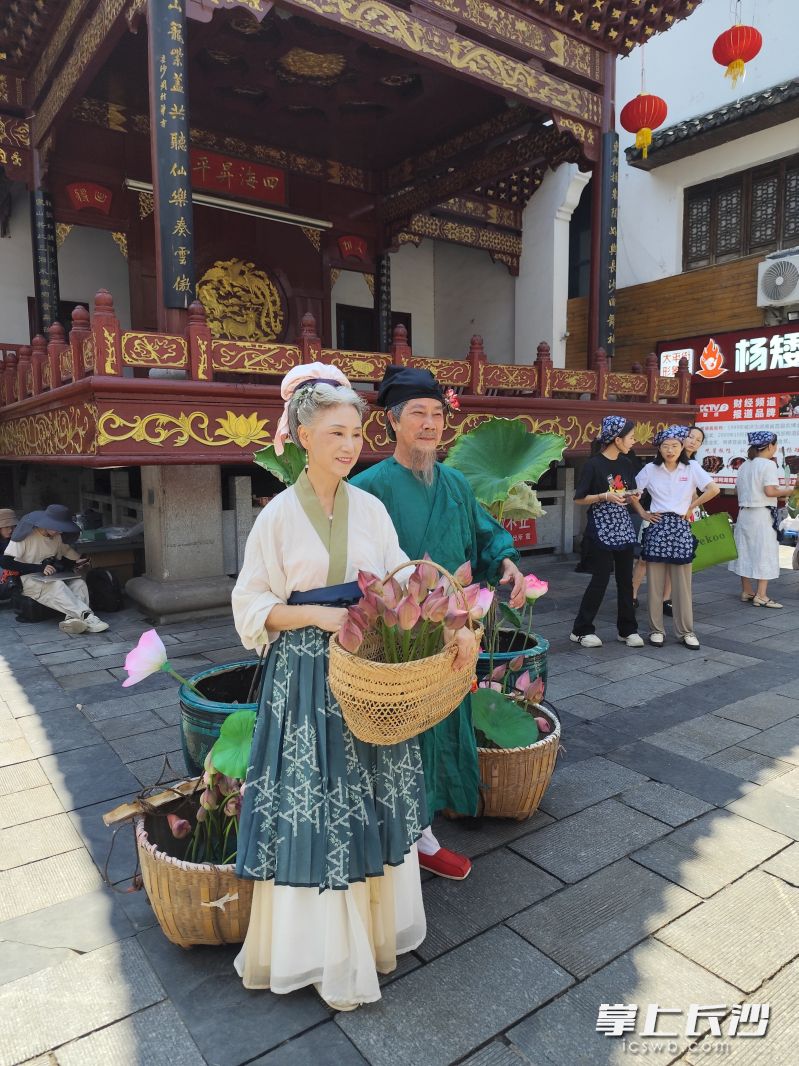 快闪活动中，两位老人给市民游客送荷花。