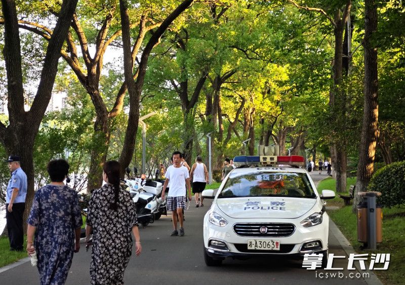 停在湖边的警车。 停在湖边的警车。