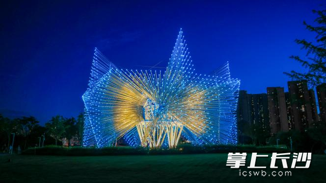 “长沙之星”雕塑夜景。