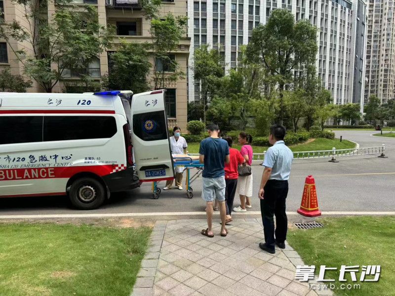 女业主被送上救护车。