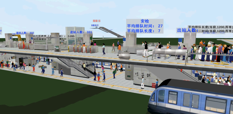 长沙地铁5号线鸭子铺站的部件级实景三维模型与交通仿真动态融合。