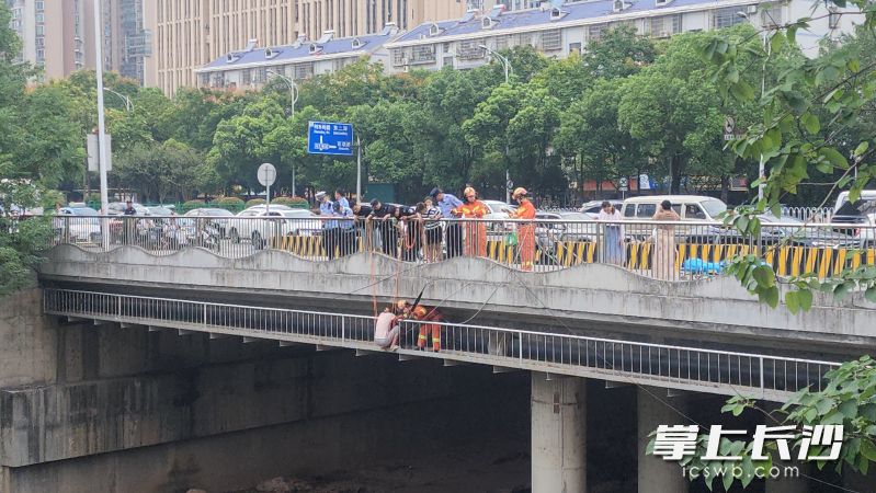 消防救援人员来到桥外栏杆处进行救援。 均为通讯员供图 消防救援人员来到桥外栏杆处进行救援。 均为通讯员供图