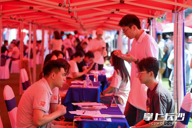 学生与用人单位工作人员交谈。