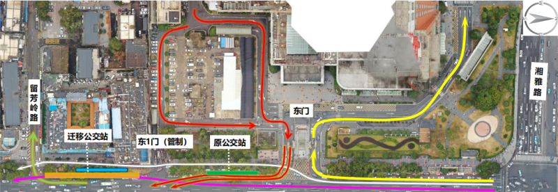 黄线为入口进入湘雅医院，红线为从湘雅医院出口的线路图。