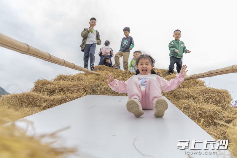 “相约麋峰·仰望星空”金秋旅游节暨乡村美食节今日开幕，孩子们在稻草艺术节现场欢乐游戏。长沙晚报全媒体记者 周数邑 摄