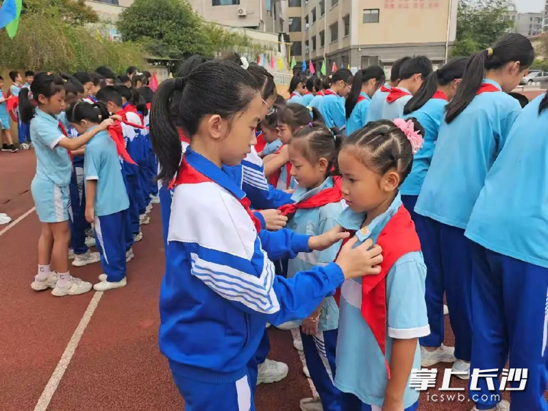 老队员为新队员戴上红领巾。均为长沙晚报通讯员杨蓉 谭娟供图 老队员为新队员戴上红领巾。均为长沙晚报通讯员杨蓉 谭娟供图