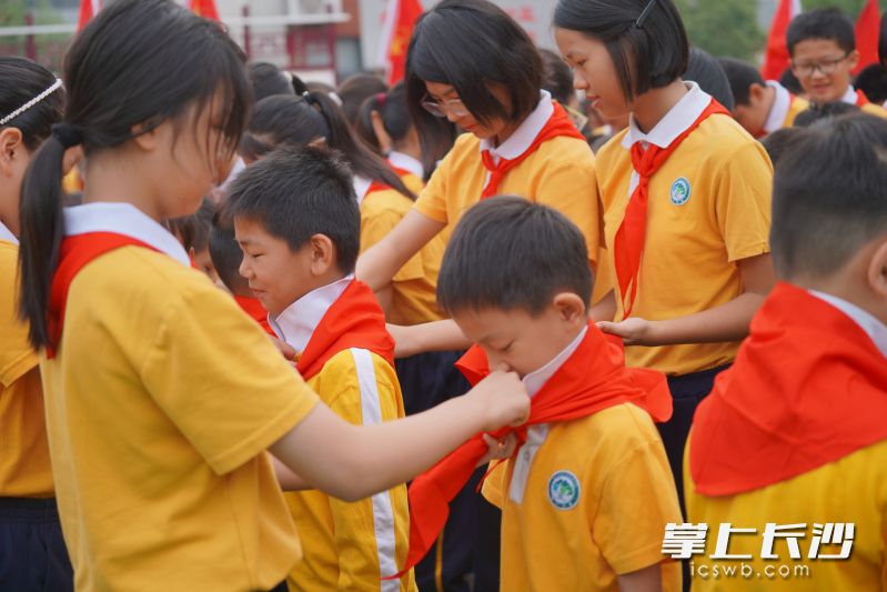 六年级的哥哥姐姐们为新入队队员戴上鲜艳的红领巾。均为长沙晚报通讯员叶文君供图 六年级的哥哥姐姐们为新入队队员戴上鲜艳的红领巾。均为长沙晚报通讯员叶文君供图