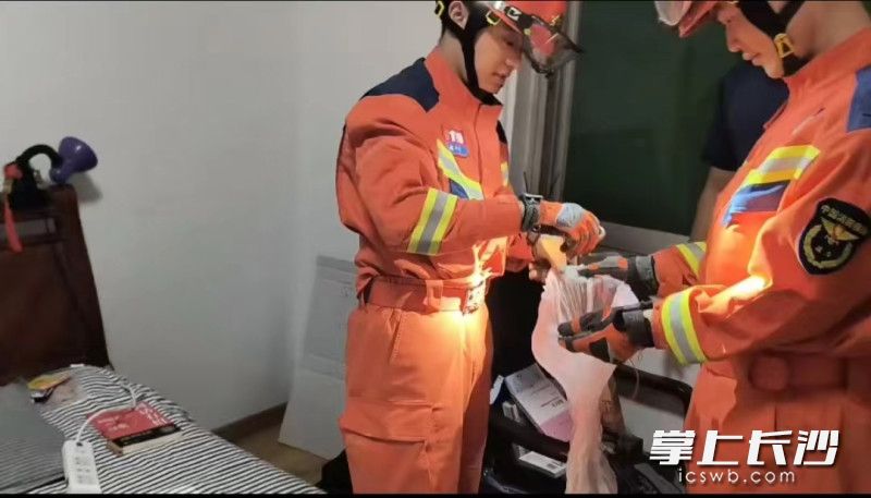 消防队员把盘踞在床头的蛇捉住放归。长沙晚报通讯员供图