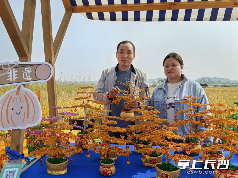 来自永州的何新学、张晓燕夫妻俩，展示铝编非遗作品。长沙晚报全媒体记者 张禹 摄
