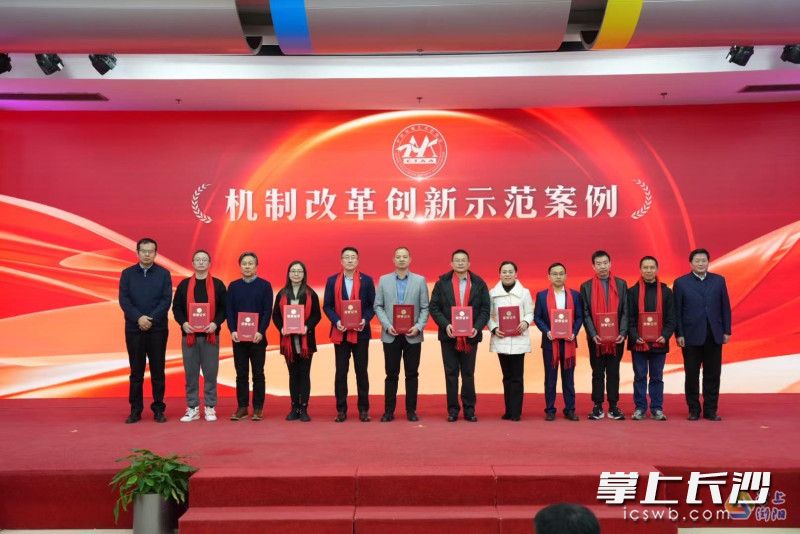 浏阳市融媒体中心党组副书记、总编辑龙章平（右六）上台领奖。活动主办方供图。