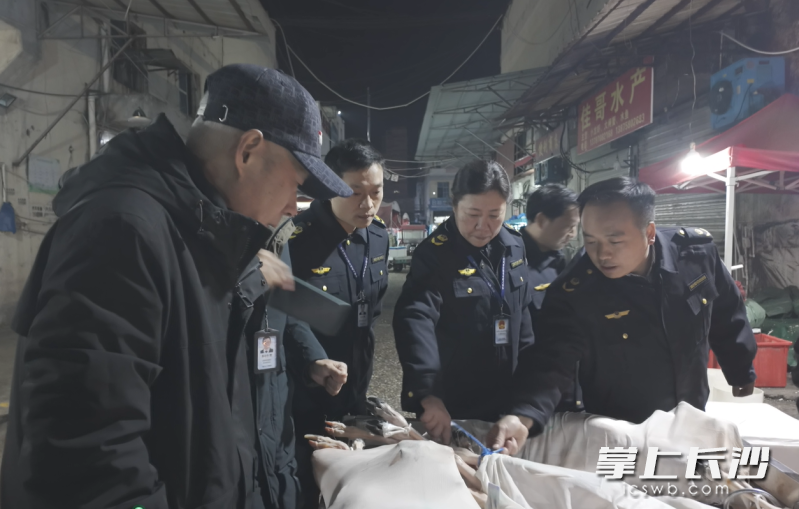 执法检查人员对进入马王堆海鲜市场的货品进行检查。长沙晚报全媒体记者 周辉霞 摄