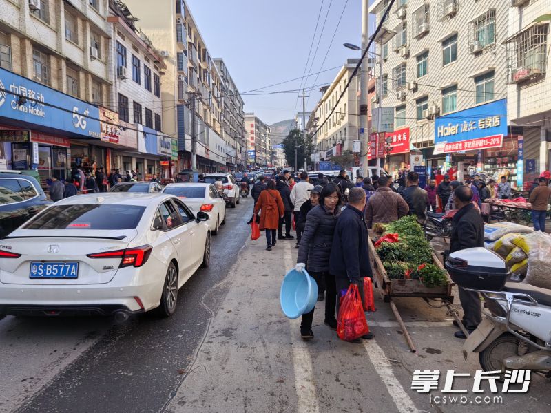 黄亭市镇街区，满是熙熙攘攘的赶集人员和川流不息的车辆。