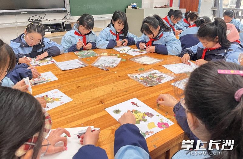 佳兆小学的孩子们在课堂上制作压花作品。