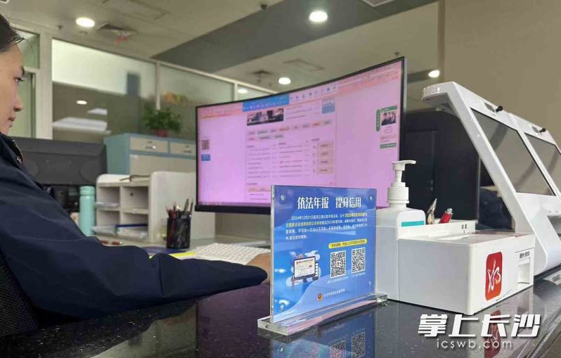 在政务服务窗口，年报宣传海报提示经营主体按时年报。长沙晚报通讯员 张蓉供图