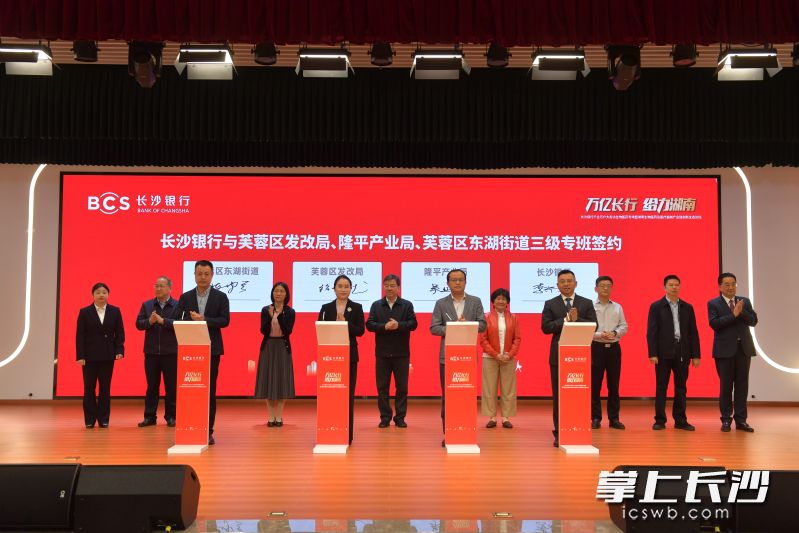 长沙银行与芙蓉区发改局、隆平产业局、芙蓉区东湖街道小微企业融资协调工作机制三级专班签约。