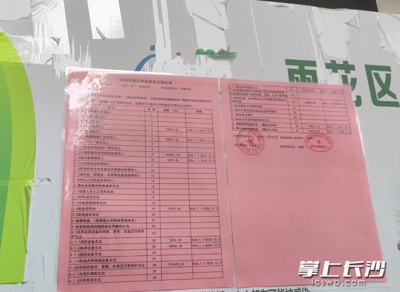 日前，雨花区华雅花园小区在公示栏张贴的小区公共收益收支情况。