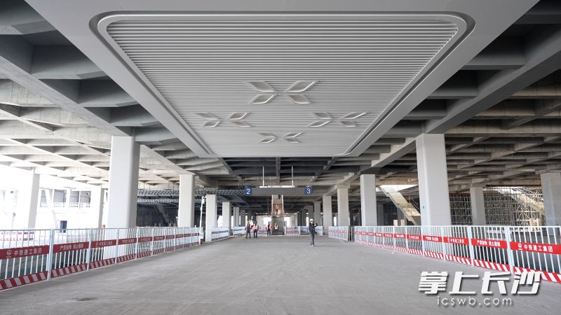 长沙高铁西站建筑内部，杜鹃花元素随处可见。
