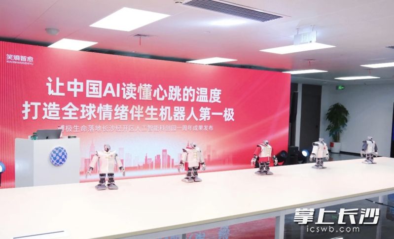 4月18日，在博极生命落地长沙经开区人工智能科创园一周年成果发布活动现场，博极生命发布了具身智能机器人小博、AI会议智记等产品。 长沙晚报通讯员 李杰 摄