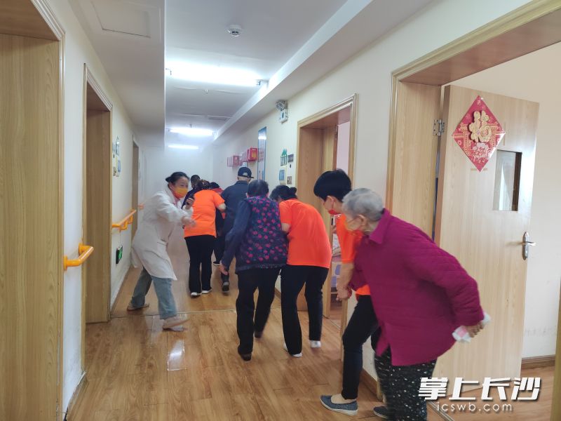 工作人员组织老人有序疏散撤离。 均为通讯员 杨嘉 摄
