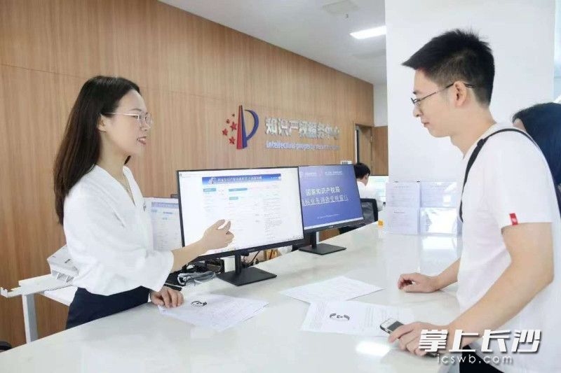 中国（湖南）自贸区知识产权服务中心工作人员为企业介绍知识产权相关业务。 园区供图