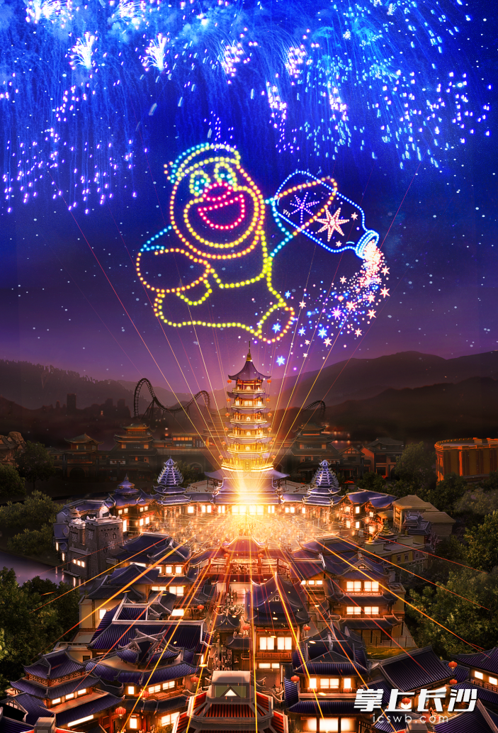 熊二从巨型“星愿瓶”中洒下柔光焰火。 熊二从巨型“星愿瓶”中洒下柔光焰火。