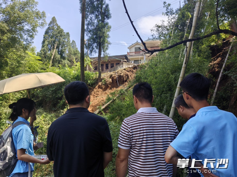 实践团成员与村干部共同讨论滑坡地质状况与潜在灾情。