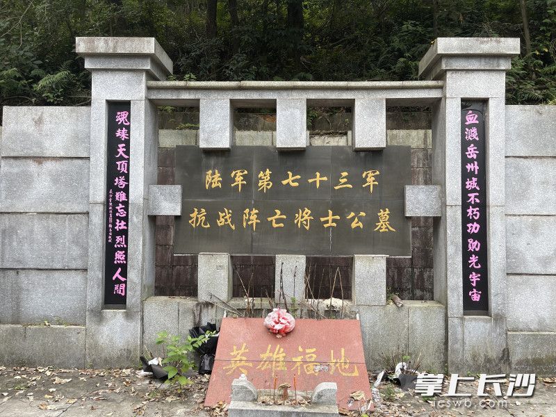 隐在山中的“陆军第七十三军抗战阵亡将士公墓”落叶满地，稍显破旧。