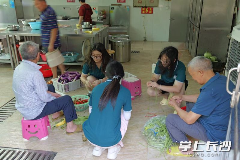实践队员们在巷子口镇敬老院厨房里帮忙择菜。均为长沙晚报通讯员黄紫晴供图 实践队员们在巷子口镇敬老院厨房里帮忙择菜。均为长沙晚报通讯员黄紫晴供图