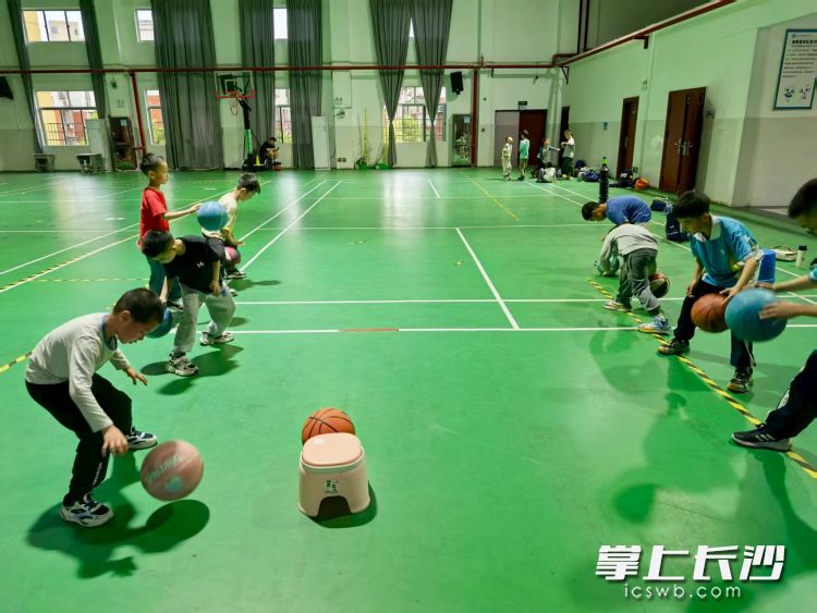 在宁乡市玉潭街道合安小学的体育馆里，孩子们正在练习打篮球。长沙晚报全媒体记者 张禹 通讯员 张宁凤 摄影报道