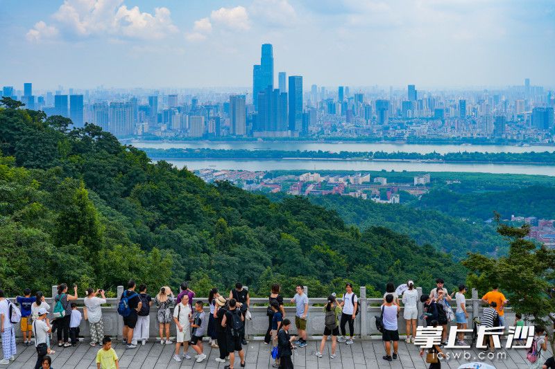 游客们登上山顶，吹着凉风俯瞰长沙全景。均为长沙晚报全媒体记者 邹麟 摄