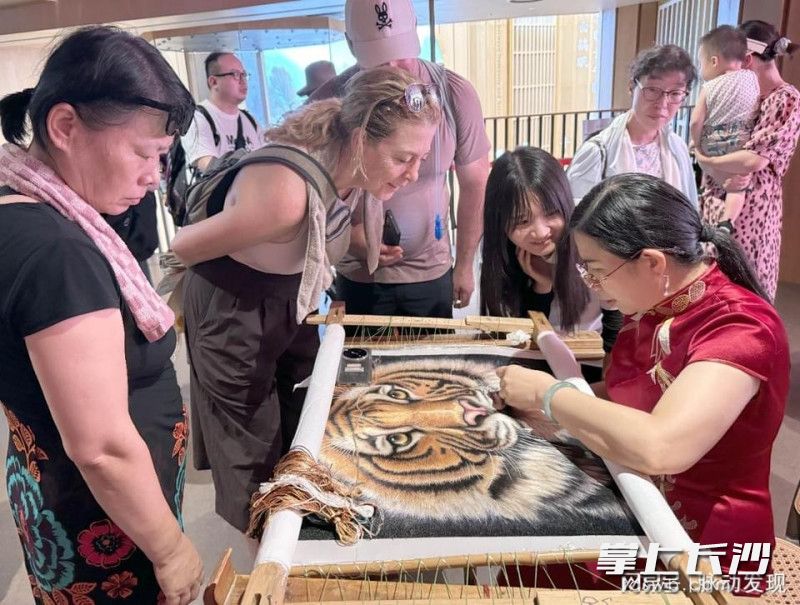 外国友人观看湘绣表演。