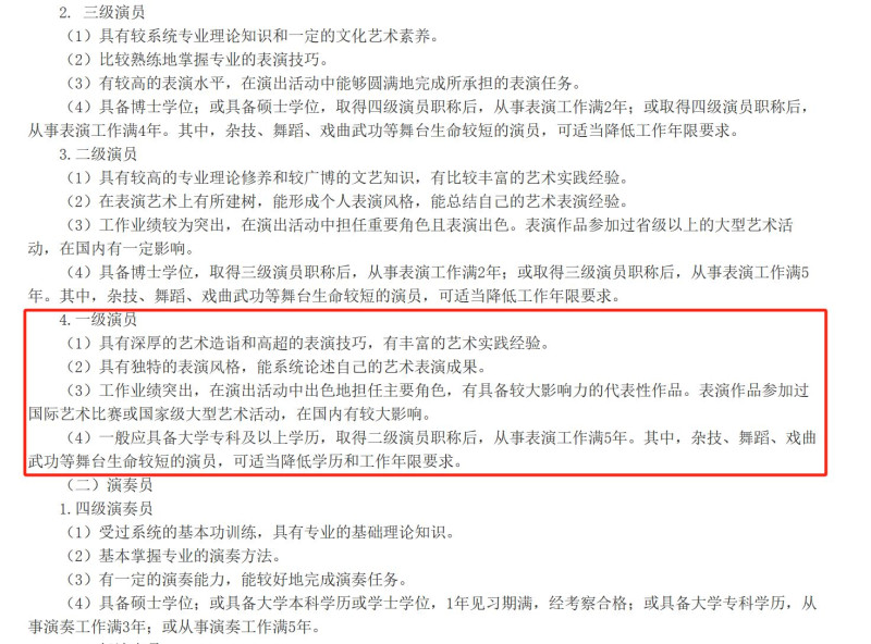 在《艺术专业人员职称评价基本标准》中，一级演员的评价标准。图源：文化和旅游部政府门户网站截图