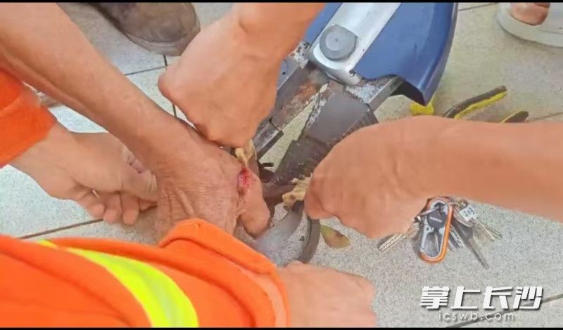 消防员正在解救被捕兽夹夹住的老人。 长沙晚报通讯员 王磊 摄　