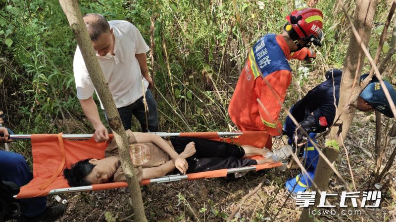 消防员搜救到走失老人并抬下山。