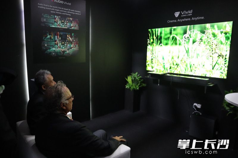 外国客商在体验菁彩视听家庭影院体验间。